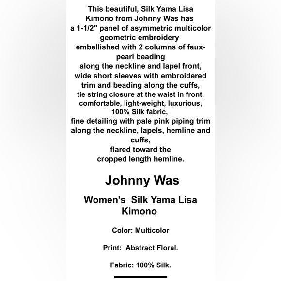 Johnny Was Women’s Silk Yama Lisa Kimono XL - Picture 7 of 14